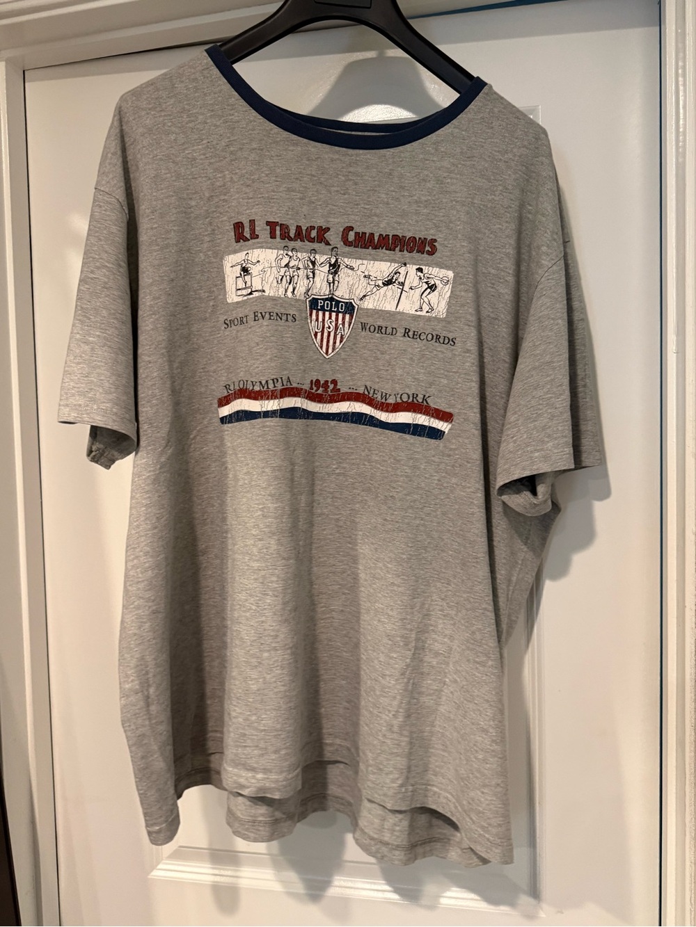 Vintage Polo by Ralph Lauren Grey Olympians Track Champions Tee with Navy Trim